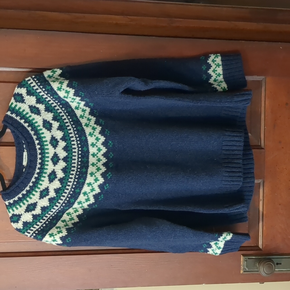 L.L. Bean Navy Fair Isle Wool Sweater with Green and Cream Accents